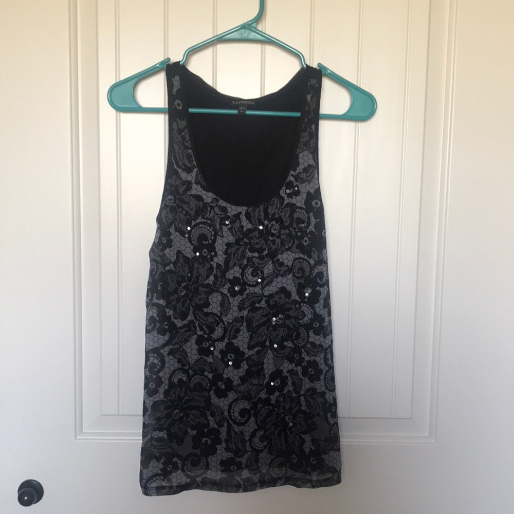 Sequined Black/Gray Geometric Floral Tank